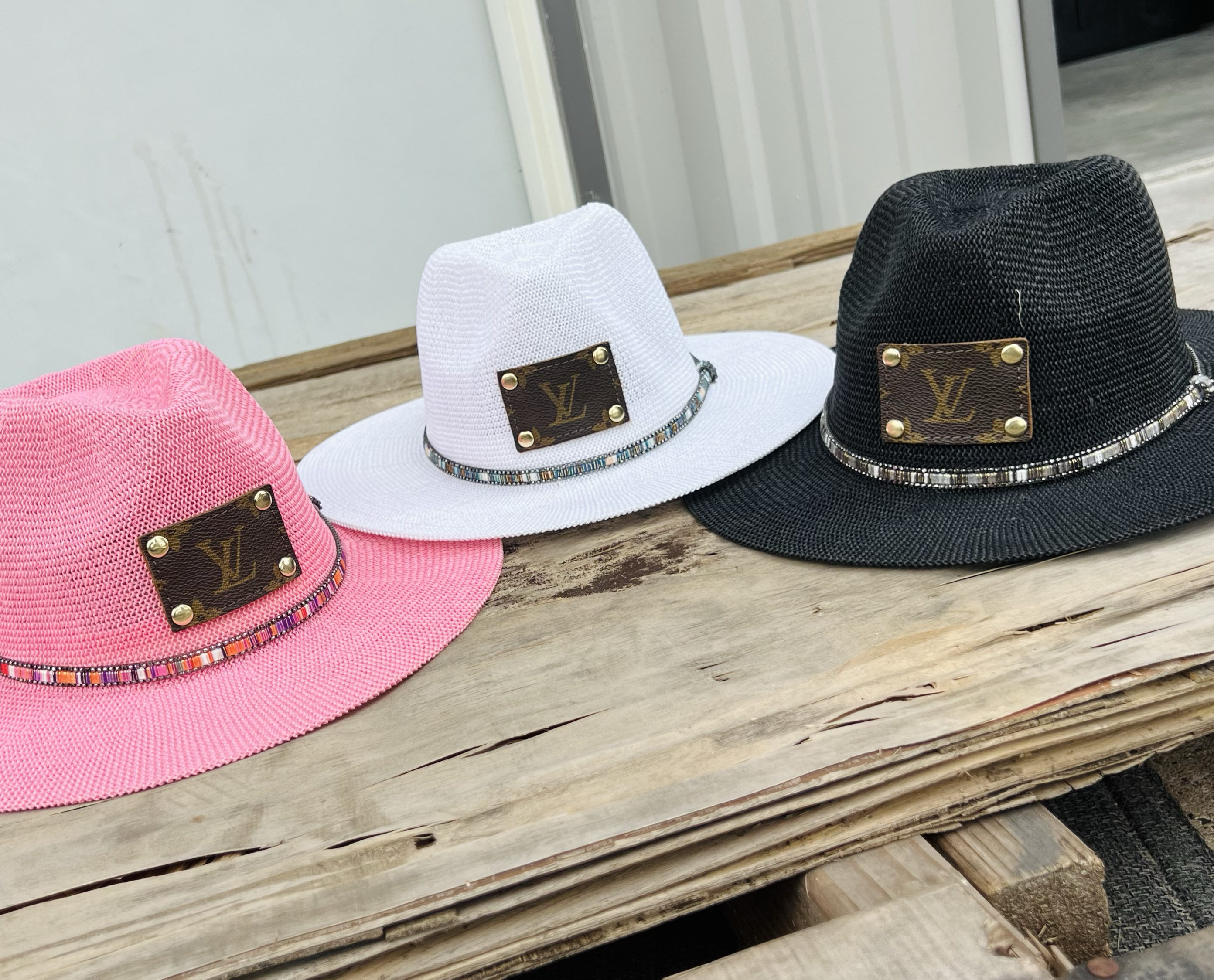 Anagails Upcycled Louis Vuitton Patch Pink Beads Beaches Hat