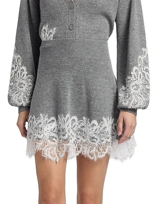 Ramy Brook Heather Grey Rosalind Lace-Trimmed Wool-Cashmere Skirt