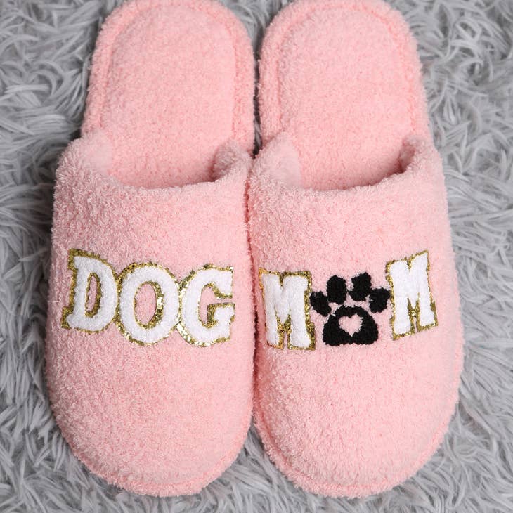 'Dog Mom' Pink Embroidered Fuzzy Cozy Slippers