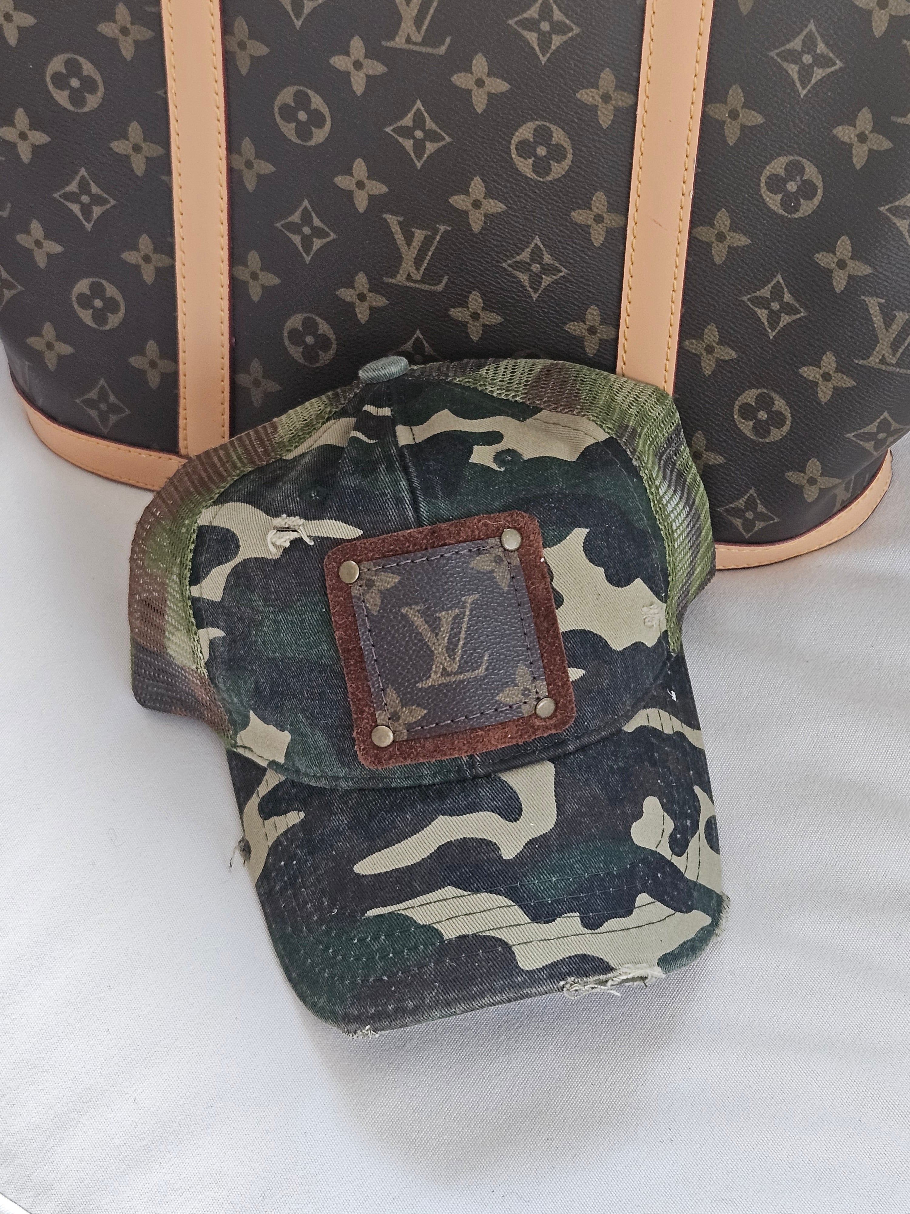 Distressed Camouflage Pony Hat with LV Patch