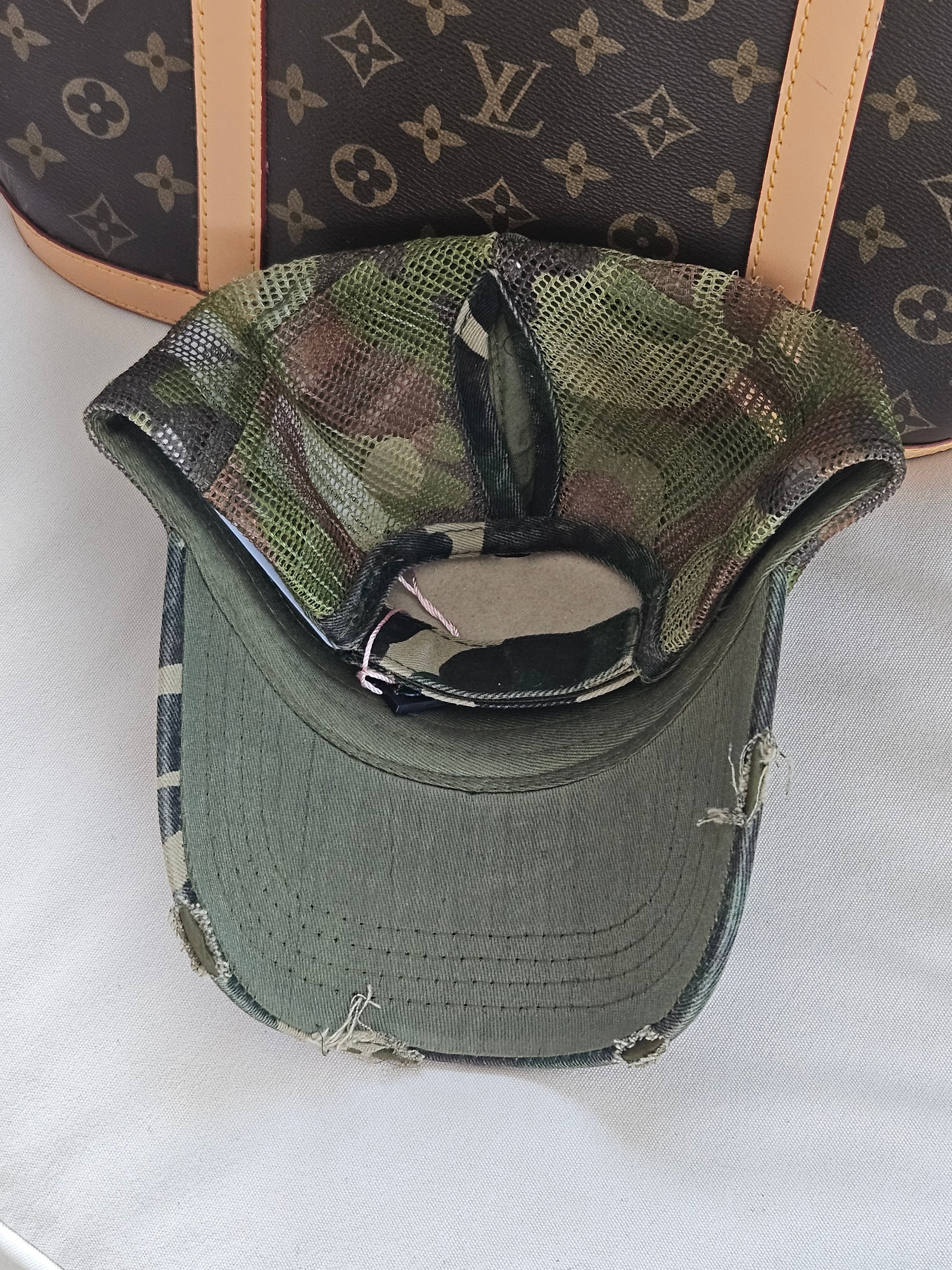 Distressed Camouflage Pony Hat with LV Patch