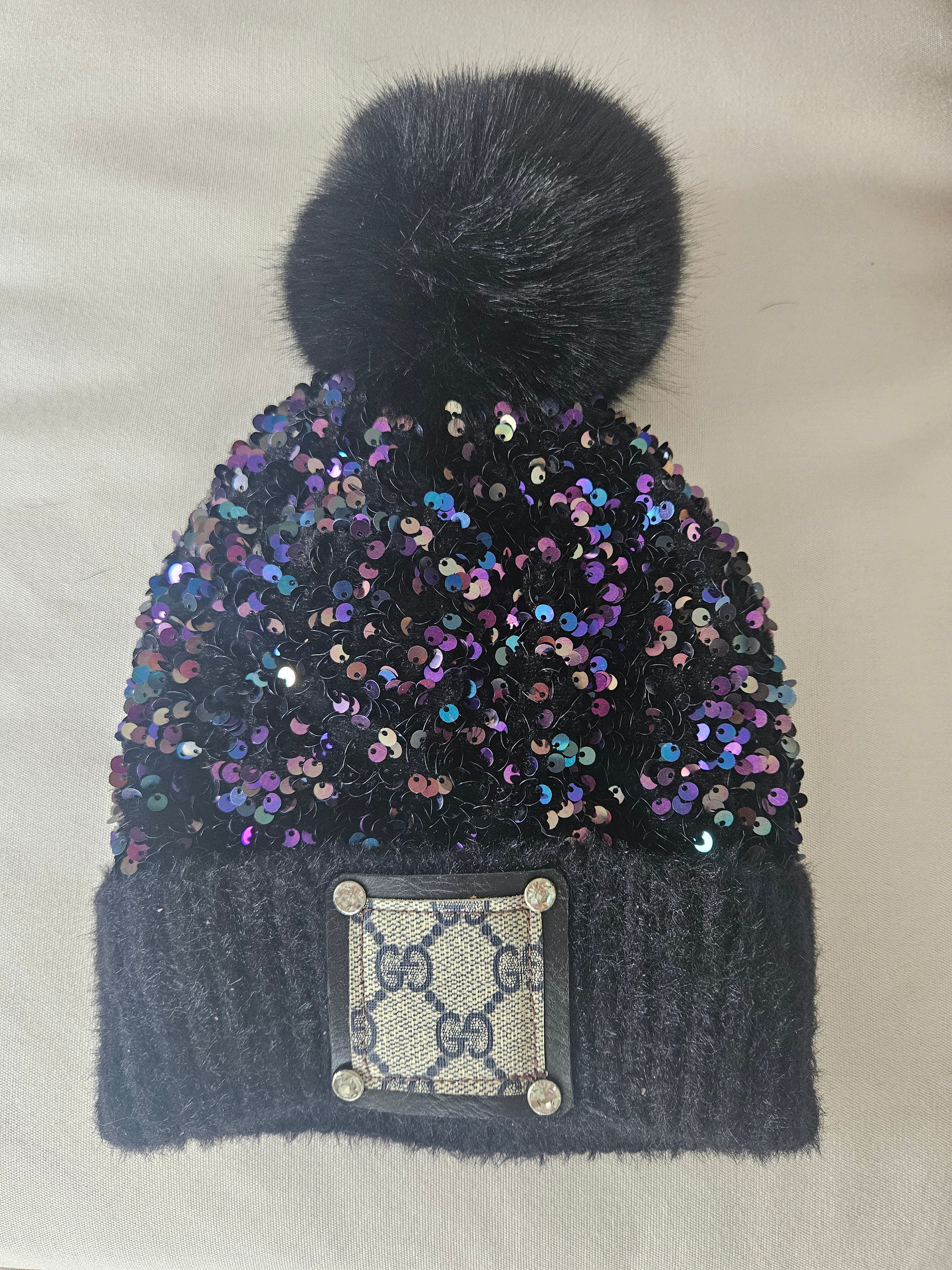 Purple/Blue Sequin Cozy Beanie with GG Large Patch