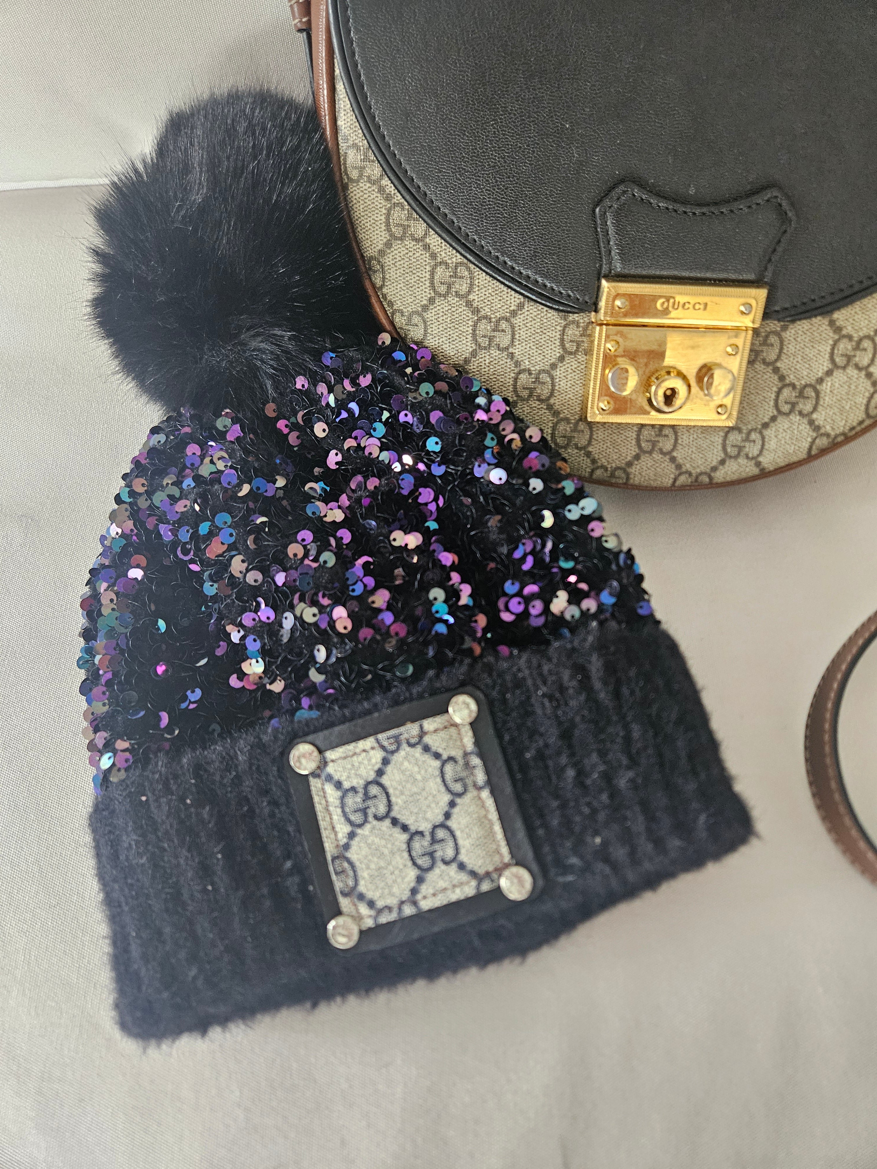 Purple/Blue Sequin Cozy Beanie with GG Large Patch