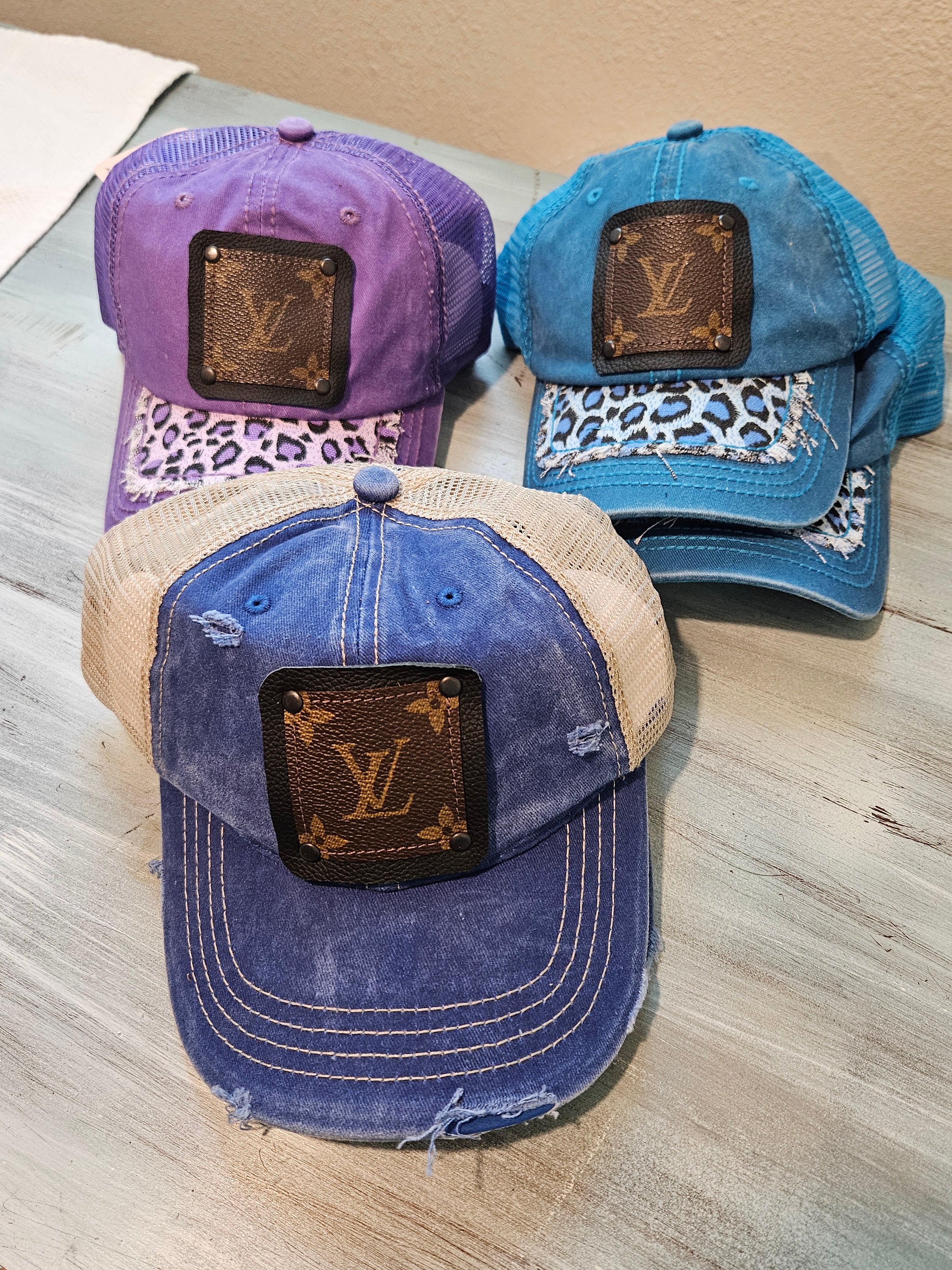 New Distressed Faded Blue Trucker Hat Black LV Patch
