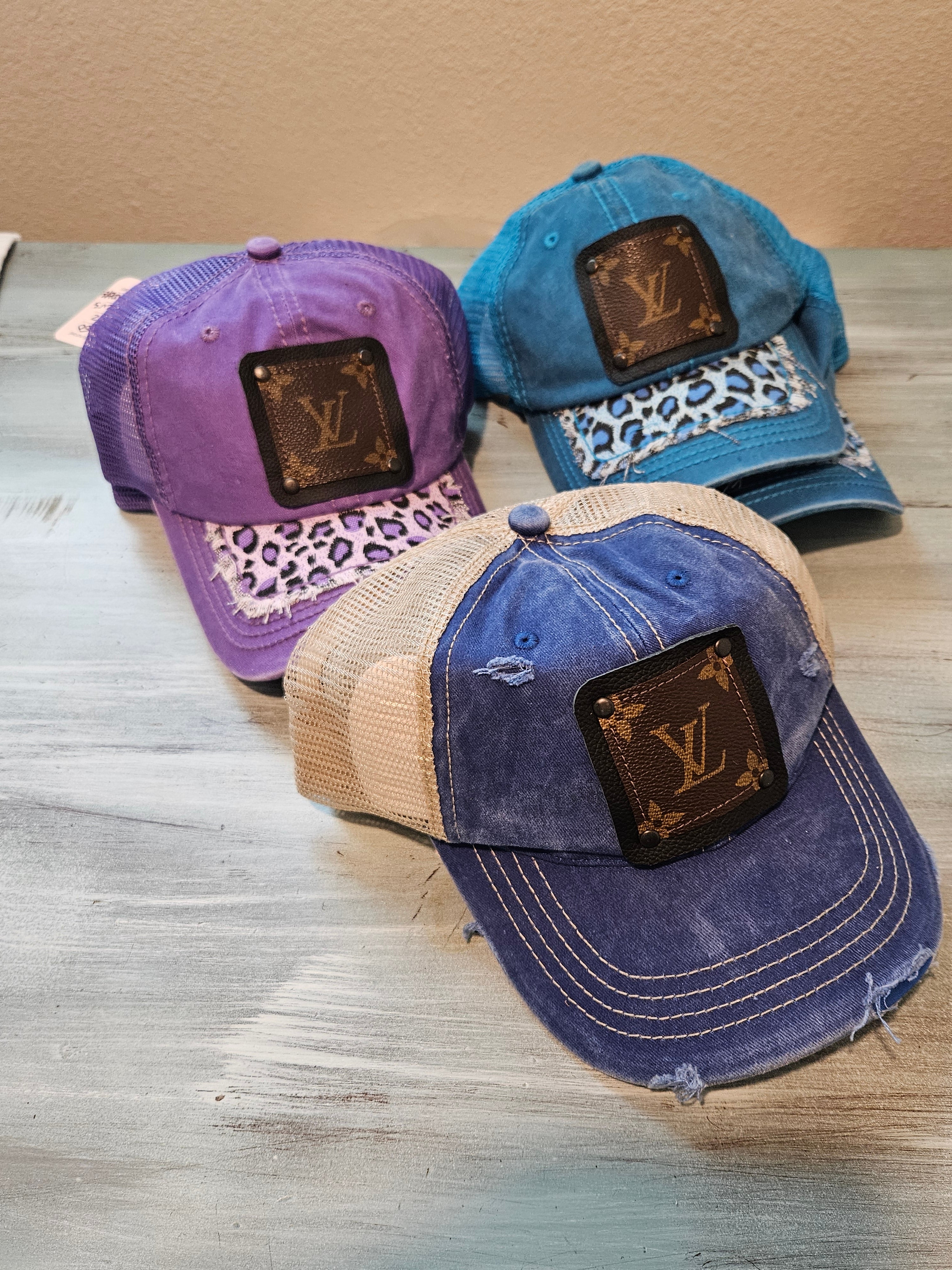 New Distressed Faded Blue Trucker Hat Black LV Patch