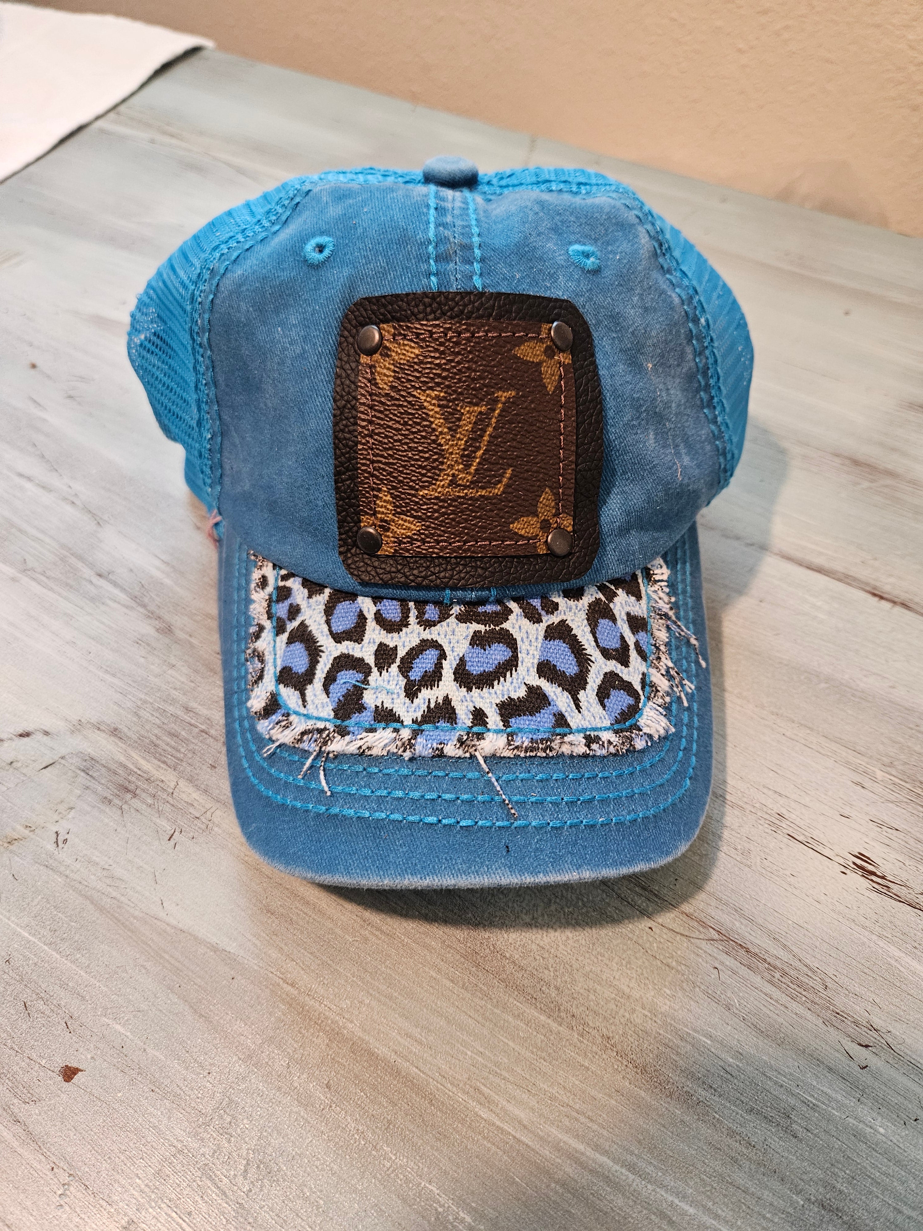 New Blueberry Leopard Hat with Black LV Patch
