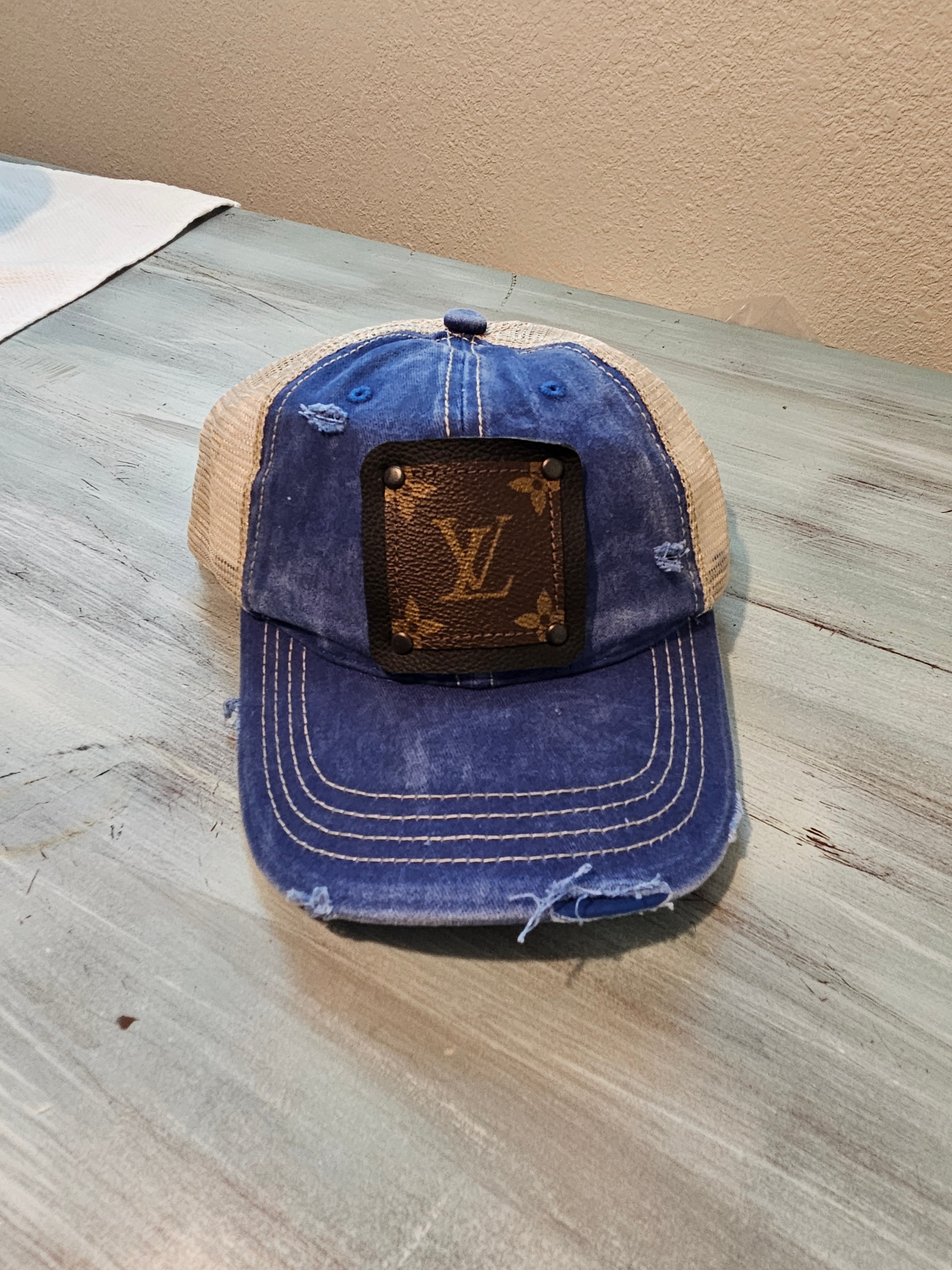 New Distressed Faded Blue Trucker Hat Black LV Patch