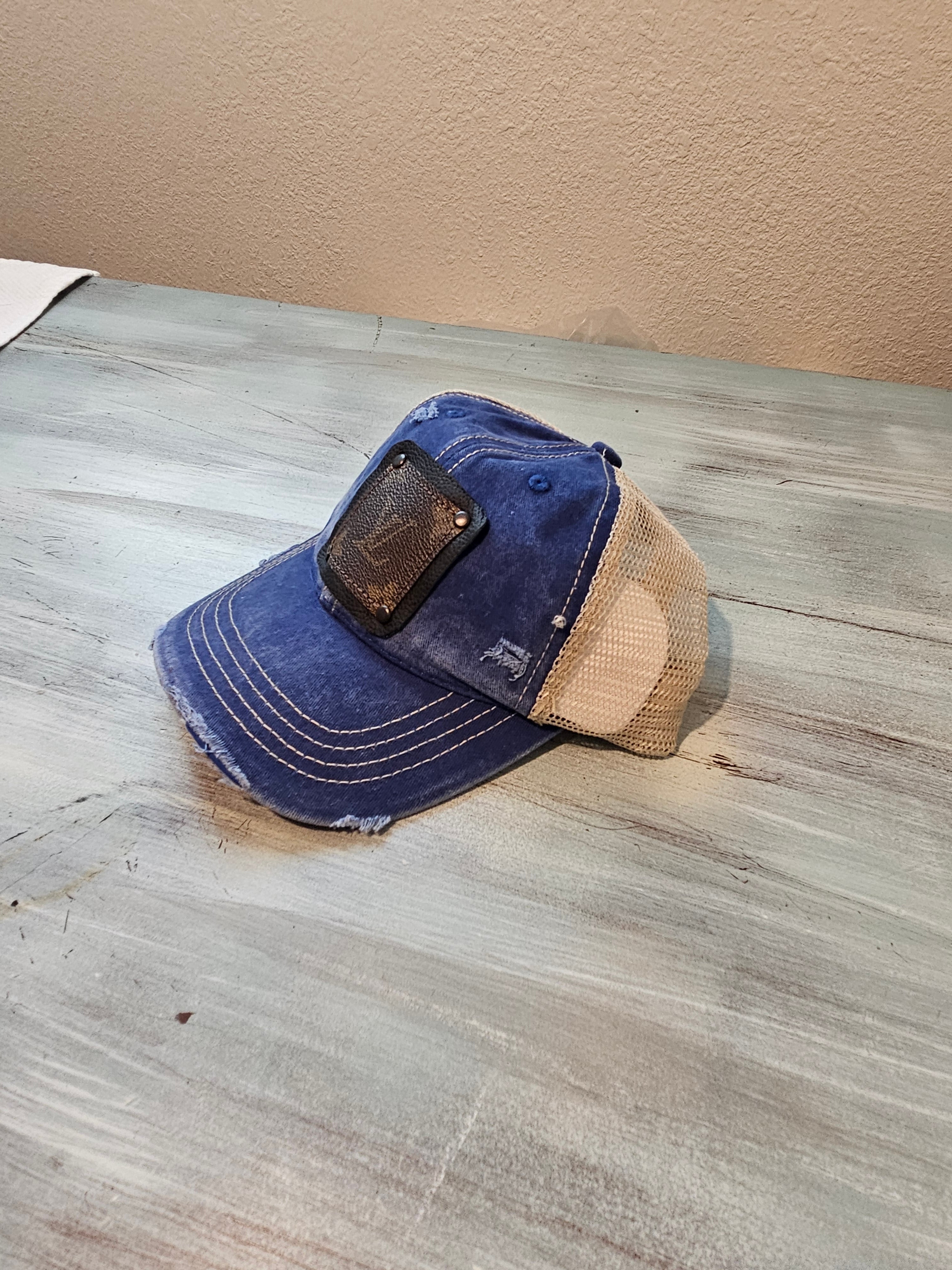 New Distressed Faded Blue Trucker Hat Black LV Patch