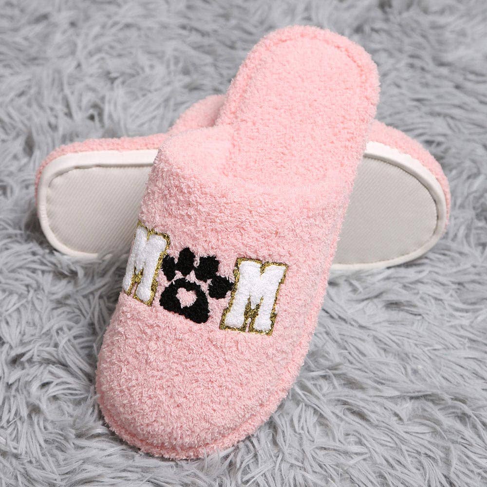 'Dog Mom' Pink Embroidered Fuzzy Cozy Slippers