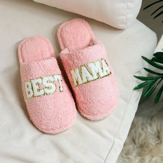 'Best Mama' Pink Embroidered Fuzzy Cozy Slippers
