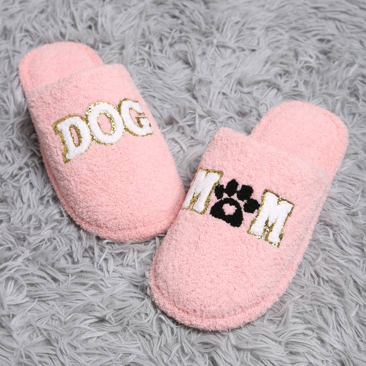 'Dog Mom' Pink Embroidered Fuzzy Cozy Slippers