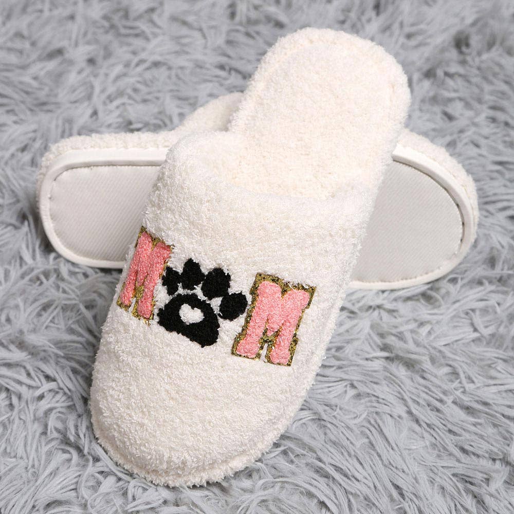 'Dog Mom' White Embroidered Fuzzy Cozy Slippers