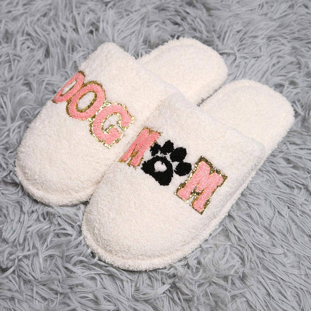 'Dog Mom' White Embroidered Fuzzy Cozy Slippers