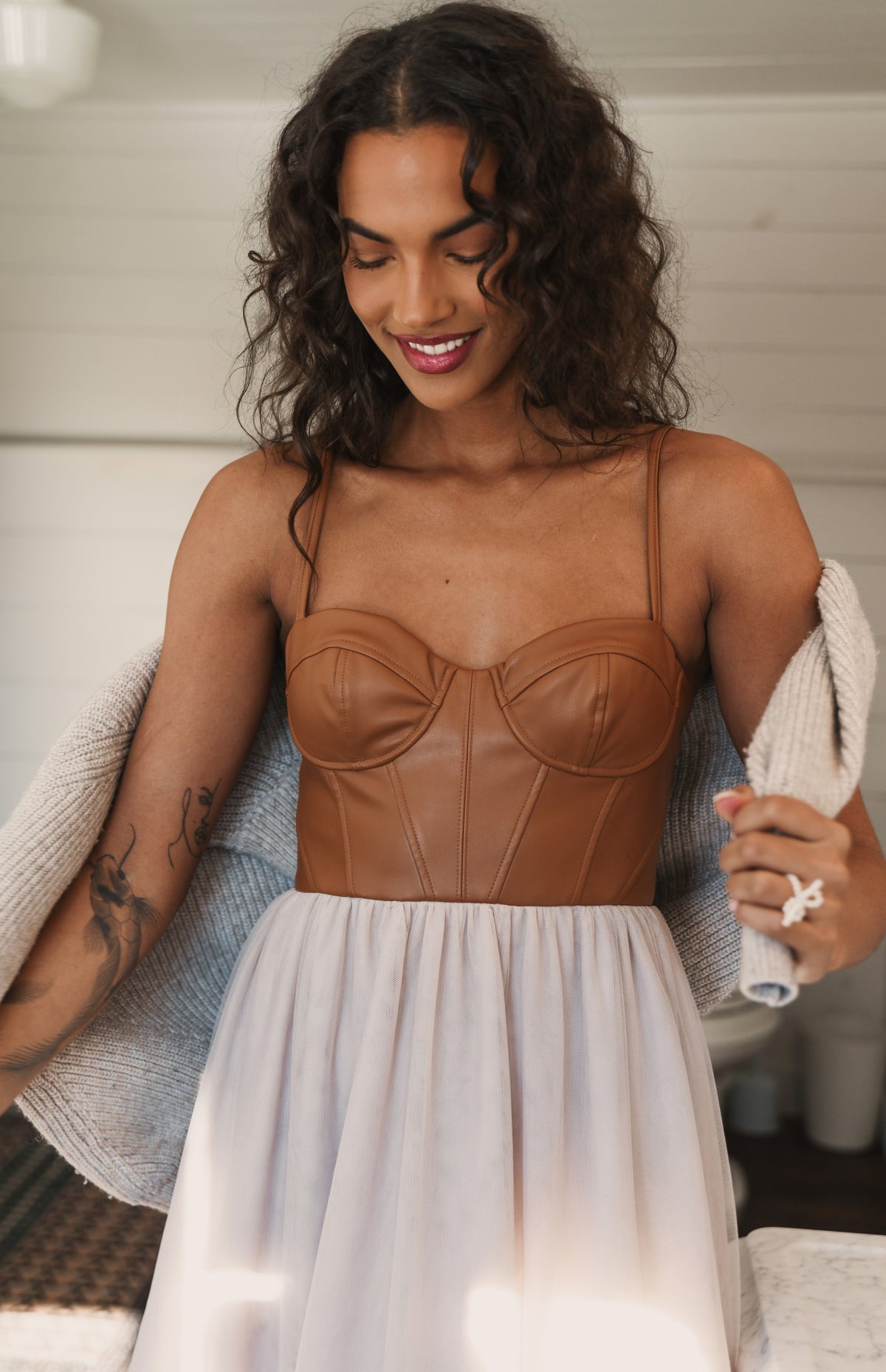 Essex Dress Tan Faux Leather Tulle