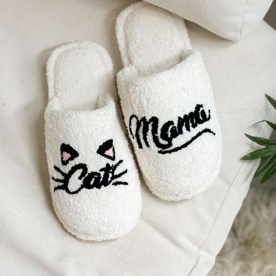 'Cat Mama' White Embroidered Fuzzy Cozy Slippers