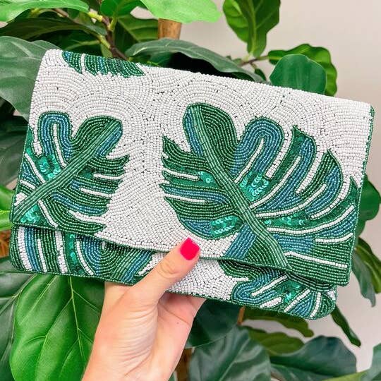 Tropical Palm Leaf Sequin Beaded Convertible Crossbody/Clutch