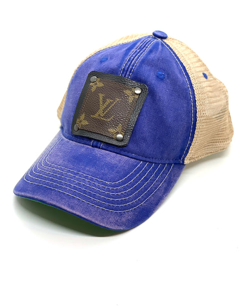New Distressed Faded Blue Trucker Hat Black LV Patch