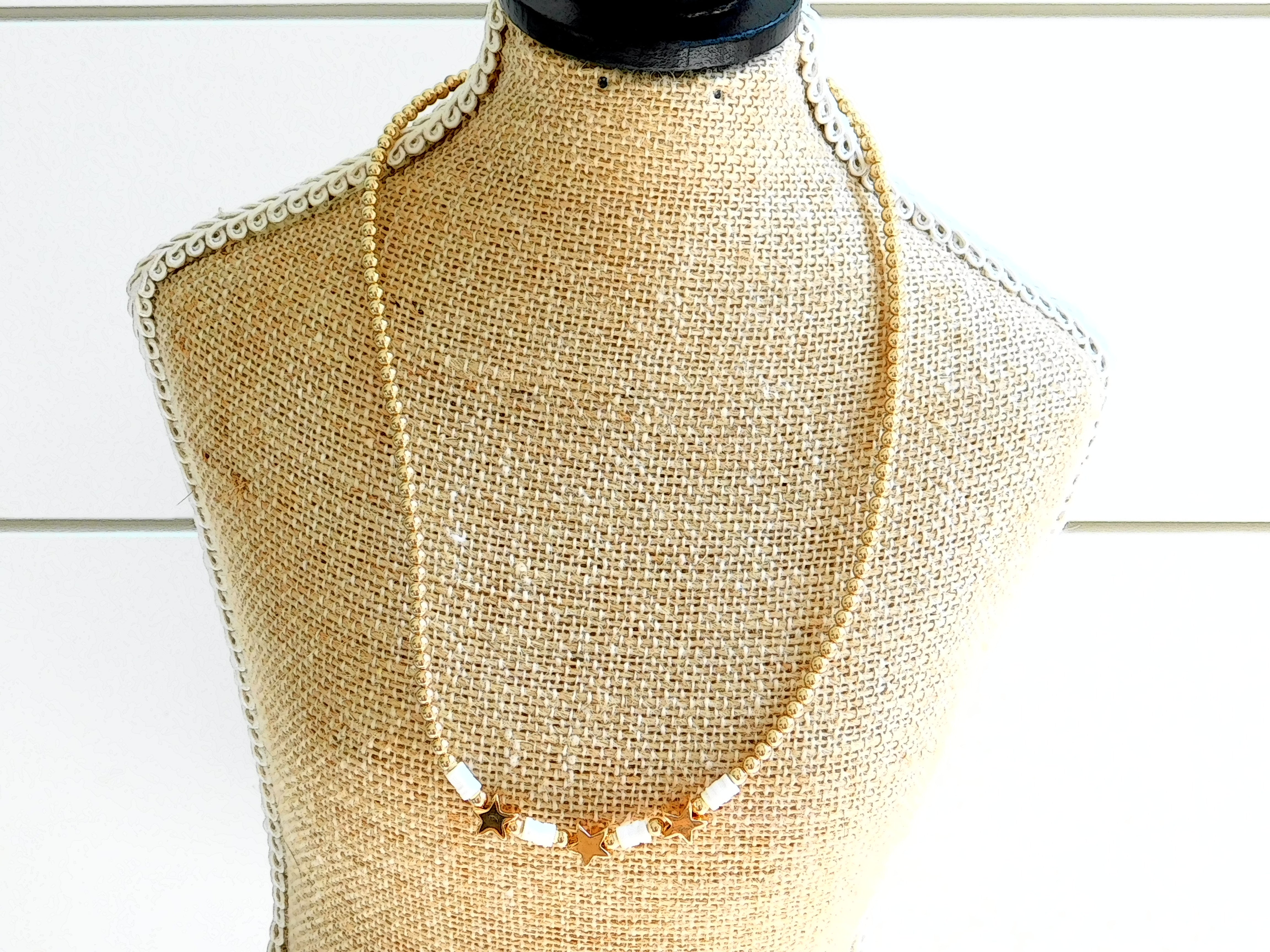 Gold Bead with Small Disc and Star Accent Necklace *Multiple Colors