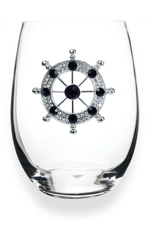 Ships Wheel Jeweled Stemless Wine Glass