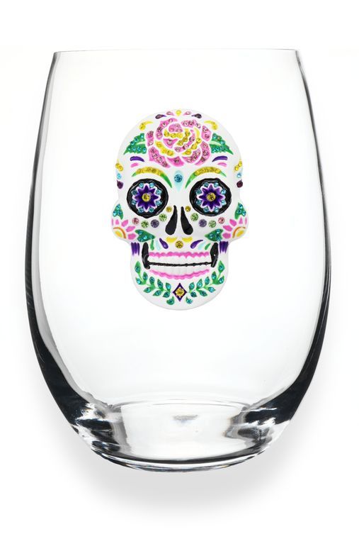 Queens' Jewels Sugar Skull Jeweled Stemless Wine Glass - Sure to become your favorite wine glass!  Also a perfect gift for Birthday's, Housewarmings, etc..  Even prettier in person!