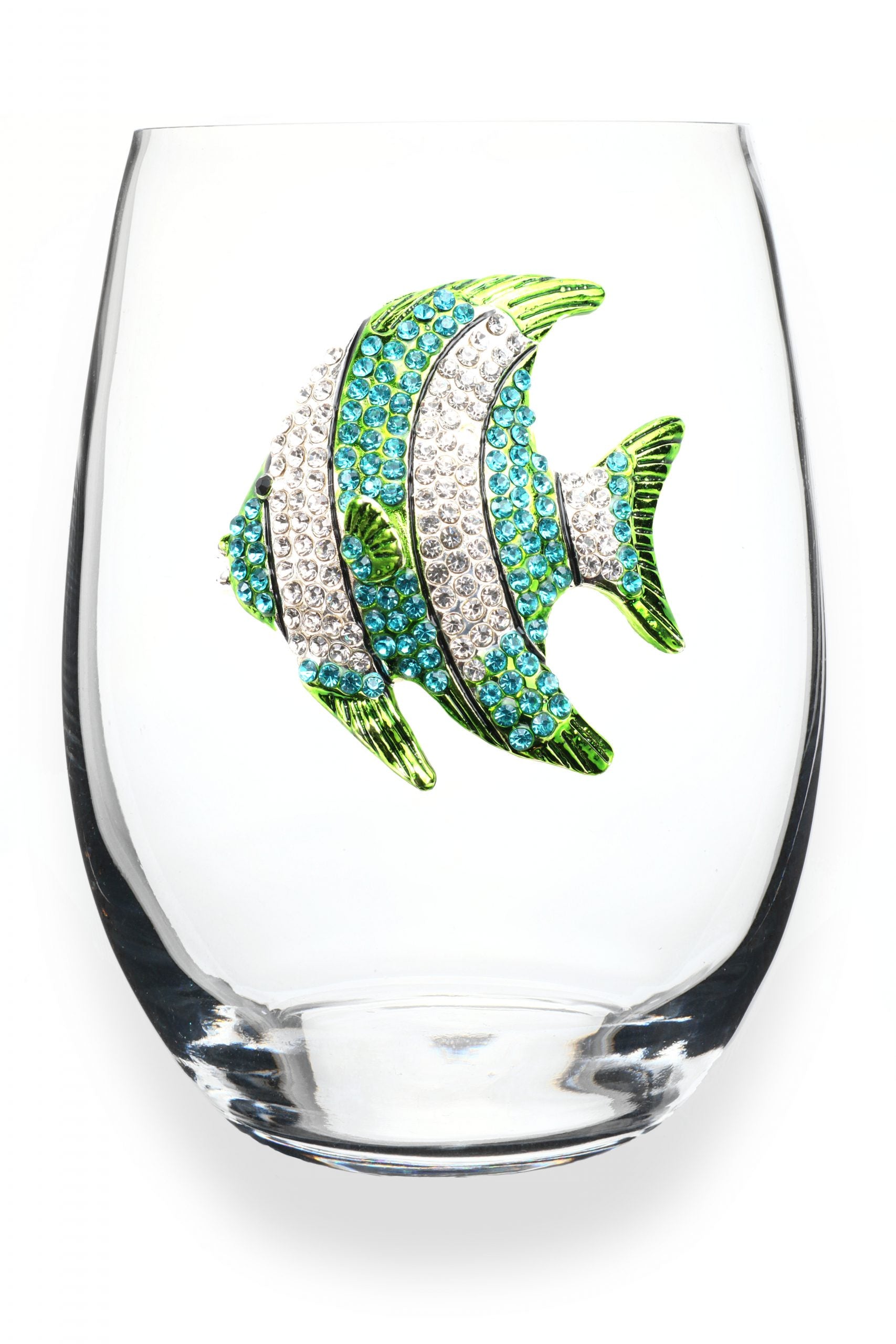 Turquoise Tropical Fish Jeweled Stemless Wine Glass