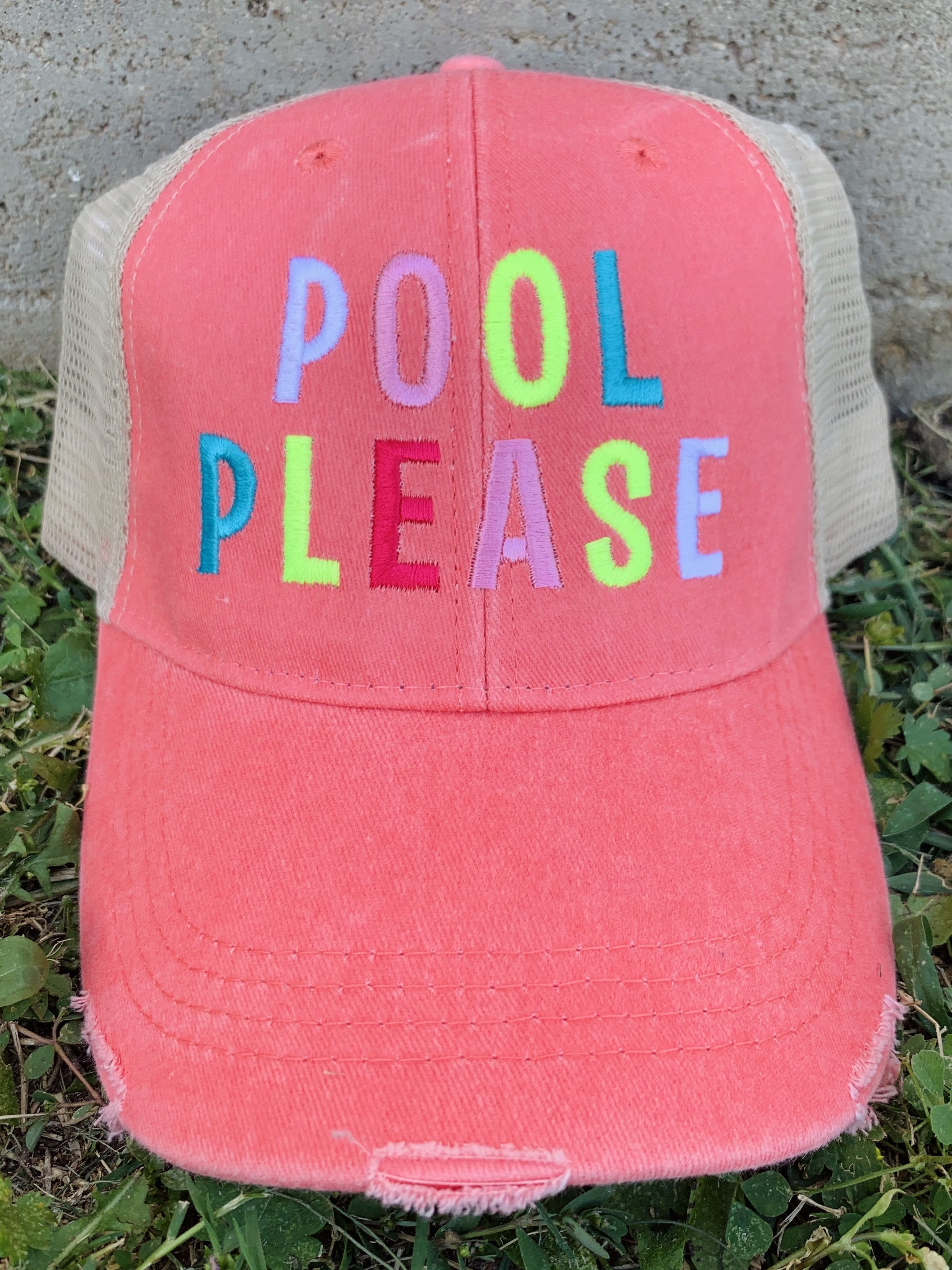 Pool Please Hat - Anagails exclusive hat line is finally here! We all hate bad hair days, and putting on a boring old hat can make it even worse! Brighten up your day with one.  These adorable hats are One Size, adjustable light weight baseball caps.  Great for trips to the beach, pool or a day out running errands! 