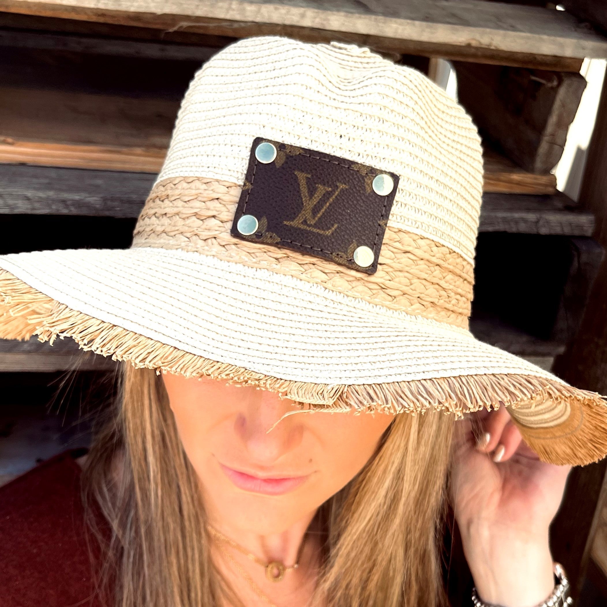 Upcycled Louis Vuitton Patch Tan Tulum Straw Hat