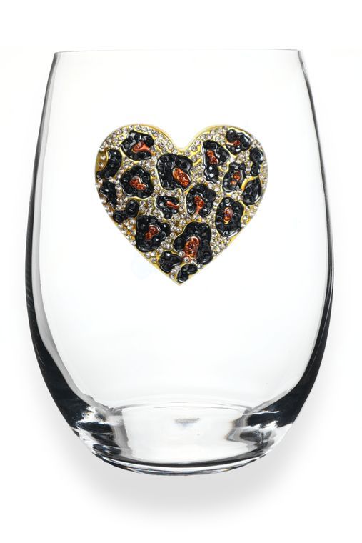 Queens' Jewels Leopard Heart Jeweled Stemless Wine Glass - Sure to become your favorite wine glass!  Also a perfect gift for Birthday's, Housewarmings, etc..  Even prettier in person!