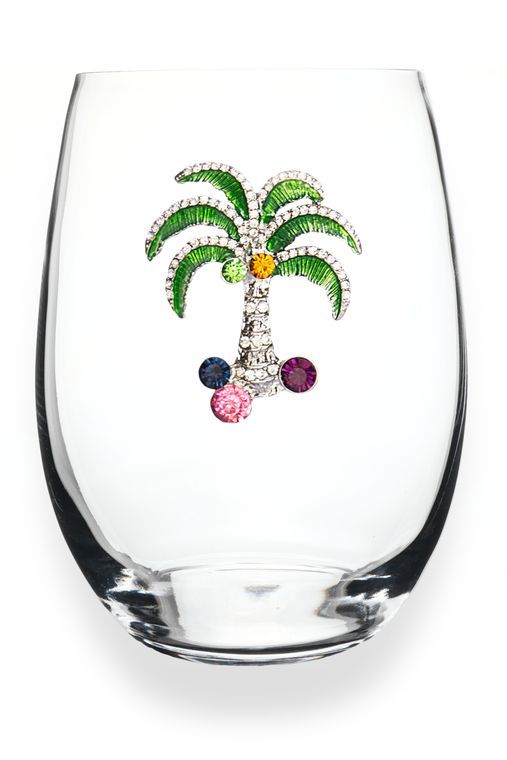 Queens' Jewels Mulitcolored Palm Tree Jeweled Stemless Wine Glass - Sure to become your favorite wine glass!  Also a perfect gift for Birthday's, Housewarmings, etc..  Even prettier in person!